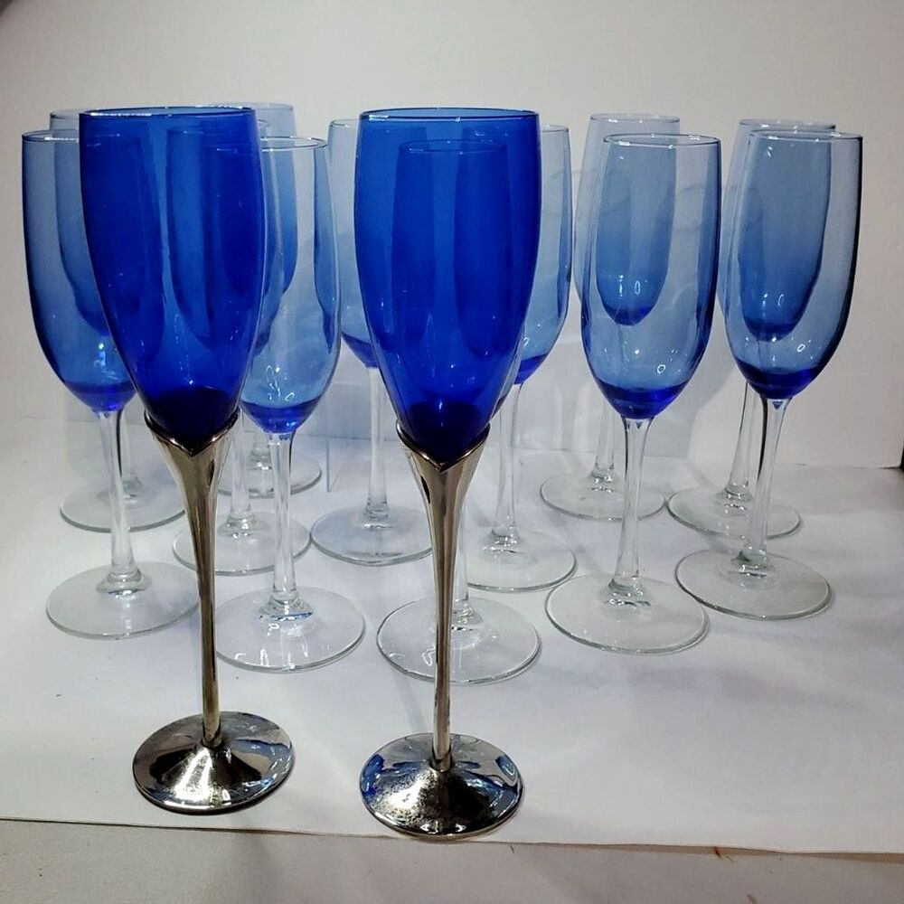 Vintage Cobalt Blue Glass Bride Groom Champagne Flutes Silver Plated Tulip Base